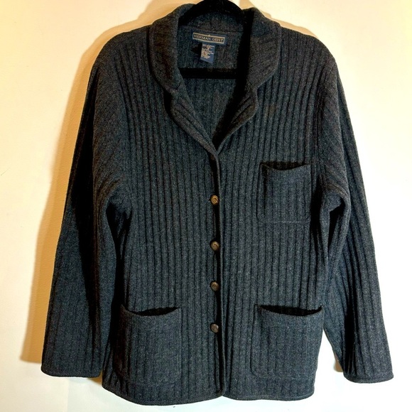 HERMAN GEIST Sz M 100% Lambswool Ribbed Pockets Button Up Collar Cardigan - Picture 2 of 10